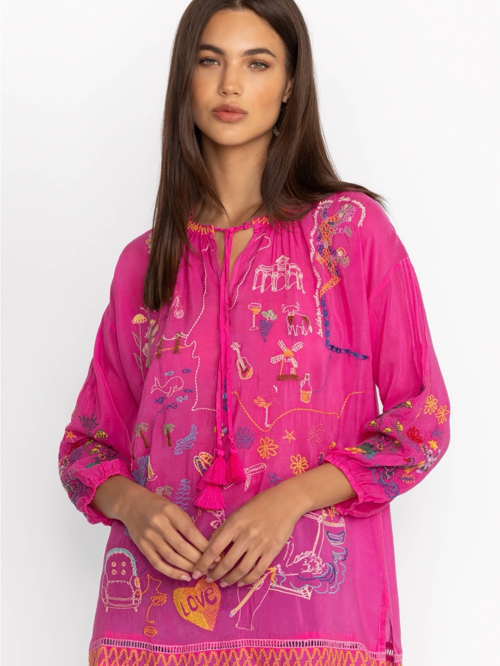 Johnny Was Zadonia Pink Embroidered Peasent Blouse Tunic Large
